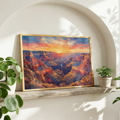 Grand Canyon landscape at sunset with rugged orange cliffs, expansive valleys, and colourful evening clouds