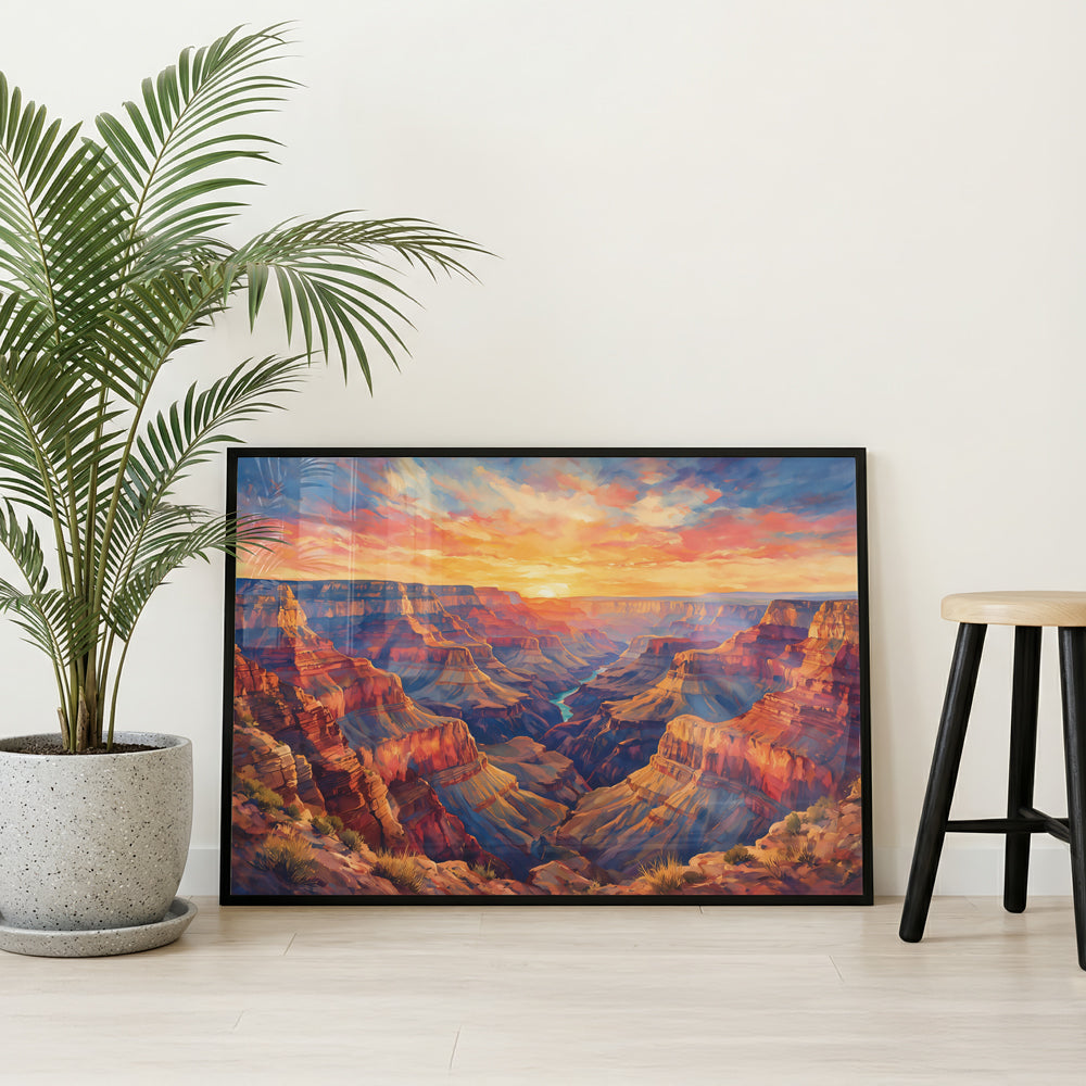 Grand Canyon artwork featuring dramatic canyon formations illuminated by warm golden and orange sunset light