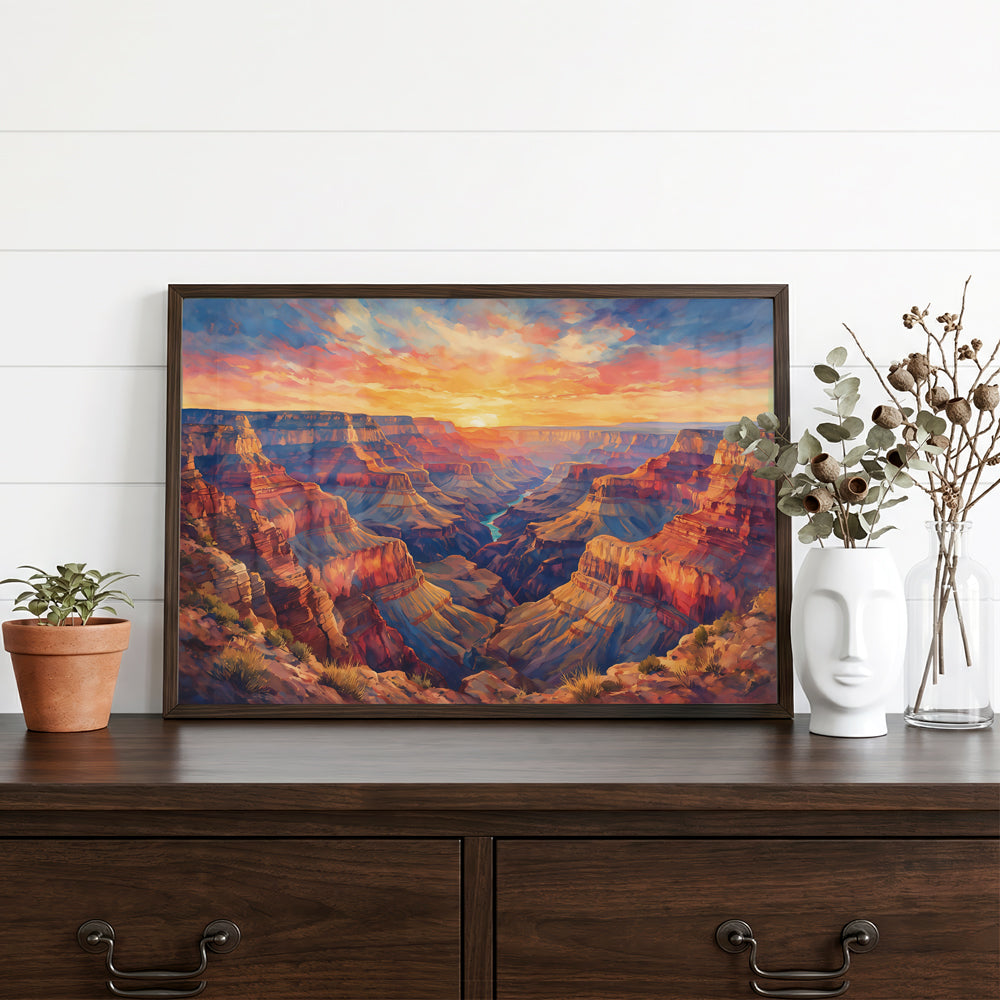 Grand Canyon travel-inspired canvas artwork featuring vast red rock formations, deep canyon valleys, and glowing sunset light
