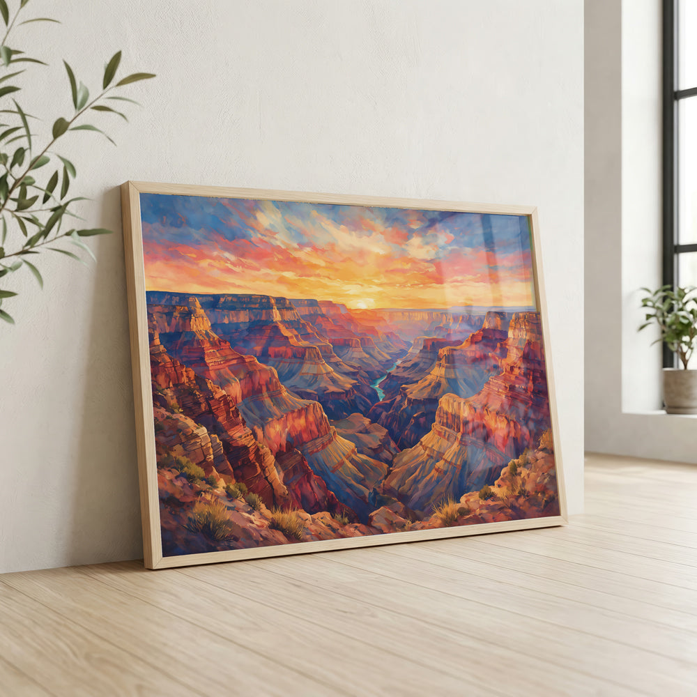 Grand Canyon sunset canvas wall art featuring layered red cliffs, deep valleys, and a dramatic golden sky