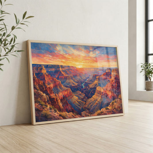 Grand Canyon sunset canvas wall art featuring layered red cliffs, deep valleys, and a dramatic golden sky