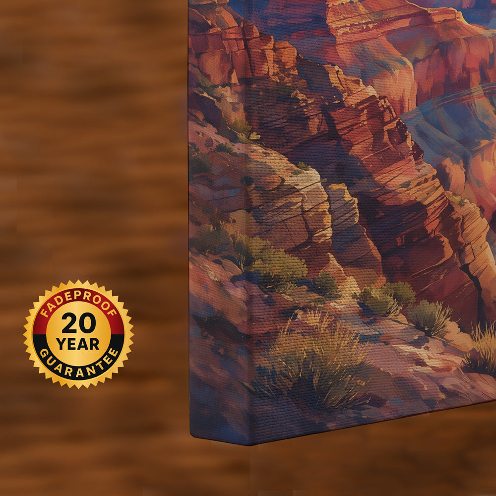 Grand Canyon landscape canvas featuring sweeping geological formations, warm red rock tones, deep valleys, and a brilliant sunset