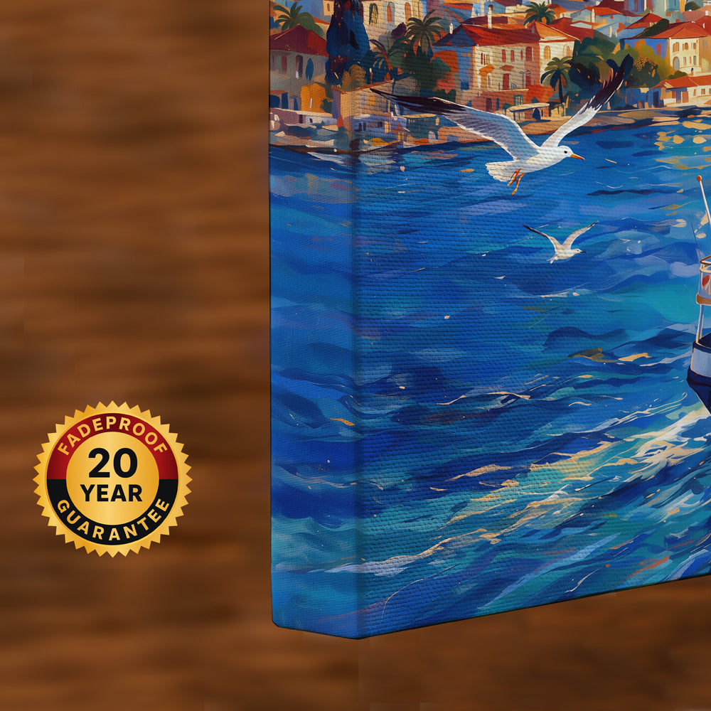 Istanbul travel-inspired canvas wall art showing a Bosphorus ferry surrounded by seagulls, blue water, and historic architecture