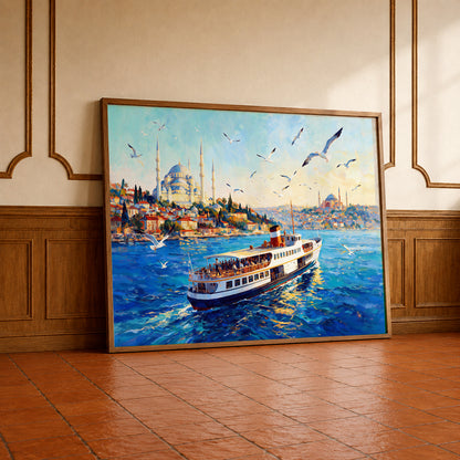 Museum Grade Canvas Wall Art depicting an Istanbul ferry crossing the bright blue Bosphorus beneath a sky filled with seagulls