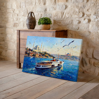 Bosphorus travel canvas artwork showing a ferry sailing through blue water with Istanbul's historic skyline in the background