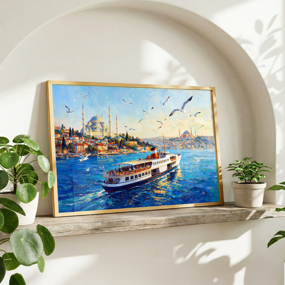 Bosphorus ferry sailing past colourful Istanbul waterfront buildings with historic domes and minarets