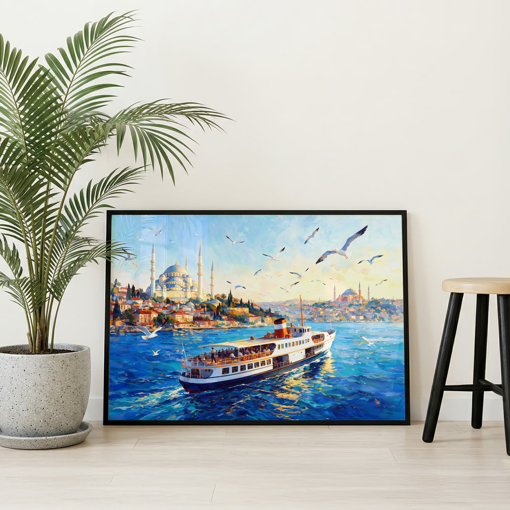 Istanbul Turkey wall art featuring a passenger boat, Bosphorus water, colourful coastal buildings, and historic mosques
