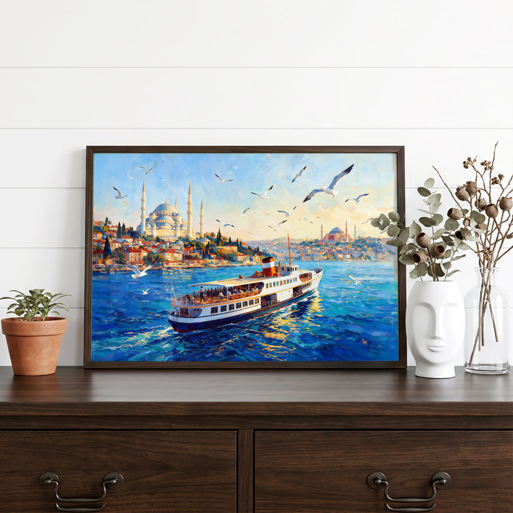 Vibrant Istanbul canvas wall art featuring a white passenger ferry, seagulls, waterfront architecture, domes, and minarets