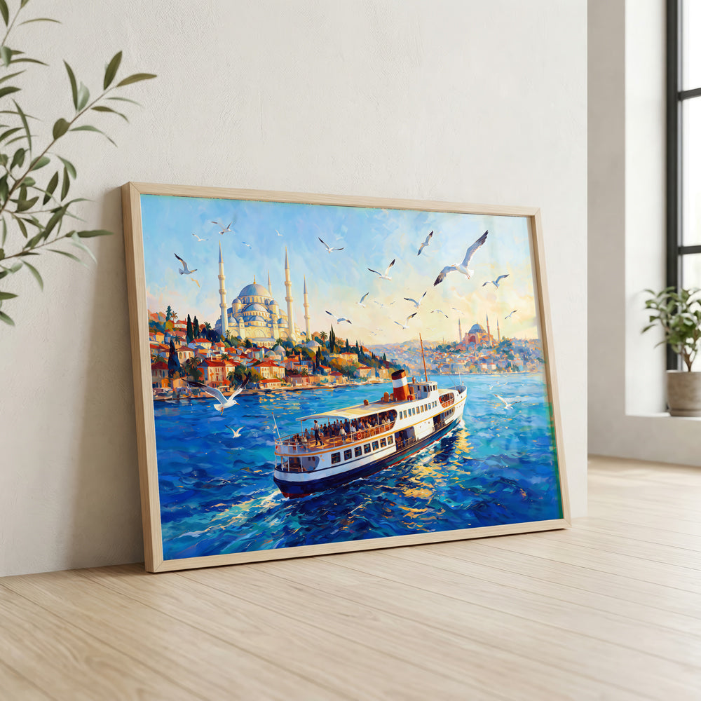 Istanbul Bosphorus canvas wall art featuring a passenger ferry, blue waters, seagulls, and the historic city skyline
