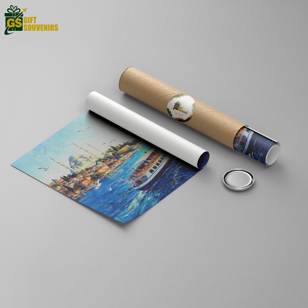 European and Middle Eastern cityscape canvas depicting a ferry on the Bosphorus with Istanbul's historic skyline beyond