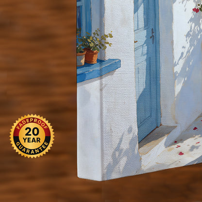 Mediterranean travel-inspired canvas wall art depicting a romantic Santorini terrace overlooking the Aegean Sea