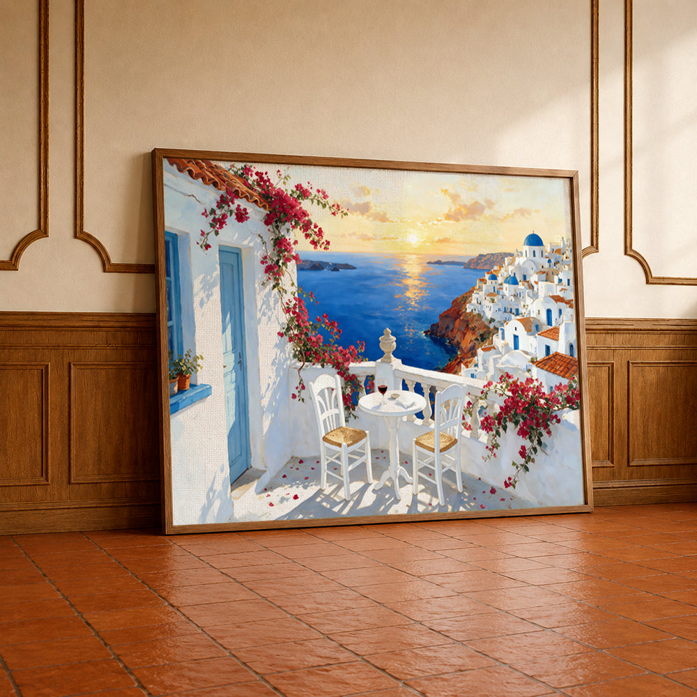 Greek island wall art featuring a whitewashed terrace, blue door, bougainvillea flowers, and Santorini coastline