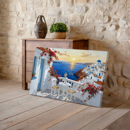 Santorini travel canvas artwork showing a Mediterranean terrace with two chairs, flowers, and a golden sunset over the sea