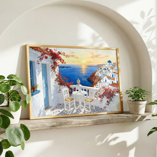 Santorini Greece terrace overlooking the Aegean Sea with white buildings, blue doors, pink flowers, and golden sunset