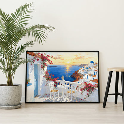 Museum Grade Canvas Wall Art depicting a peaceful Santorini terrace overlooking the sparkling Aegean Sea at sunset