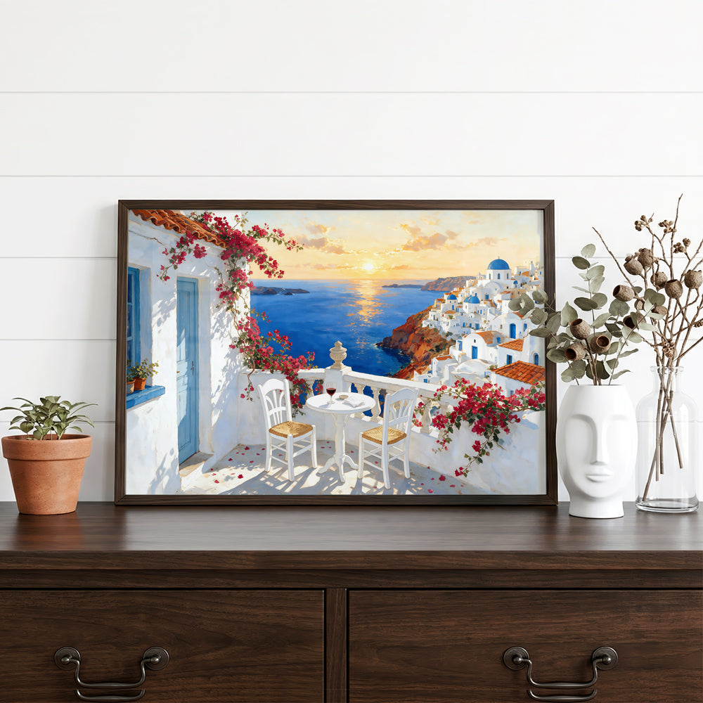 Greek coastal canvas wall art featuring white buildings, vibrant bougainvillea, blue water, and warm evening sunlight