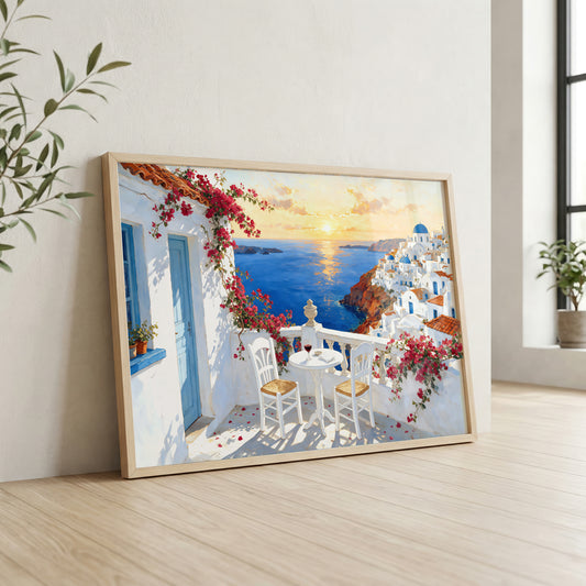Santorini sunset canvas wall art featuring whitewashed Greek buildings, bougainvillea, and the blue Aegean Sea