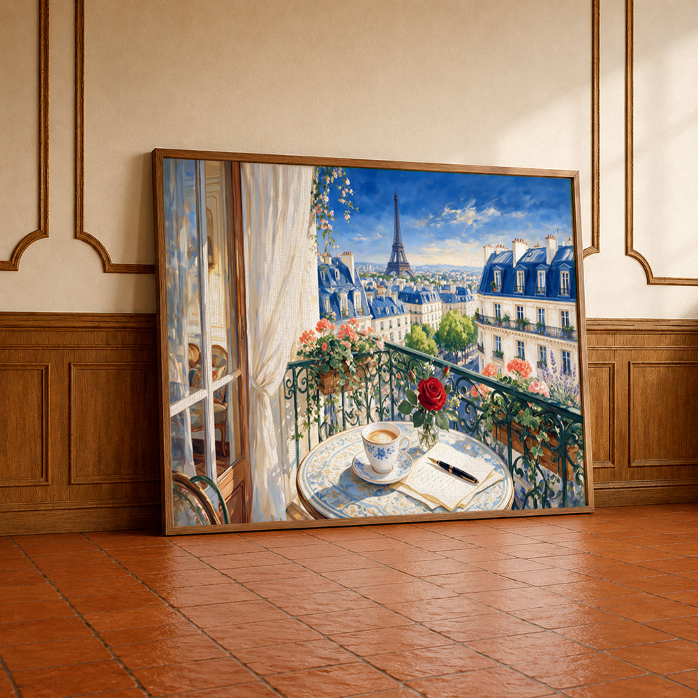 Museum Grade Canvas Wall Art depicting the Eiffel Tower from a charming Parisian balcony overlooking the city