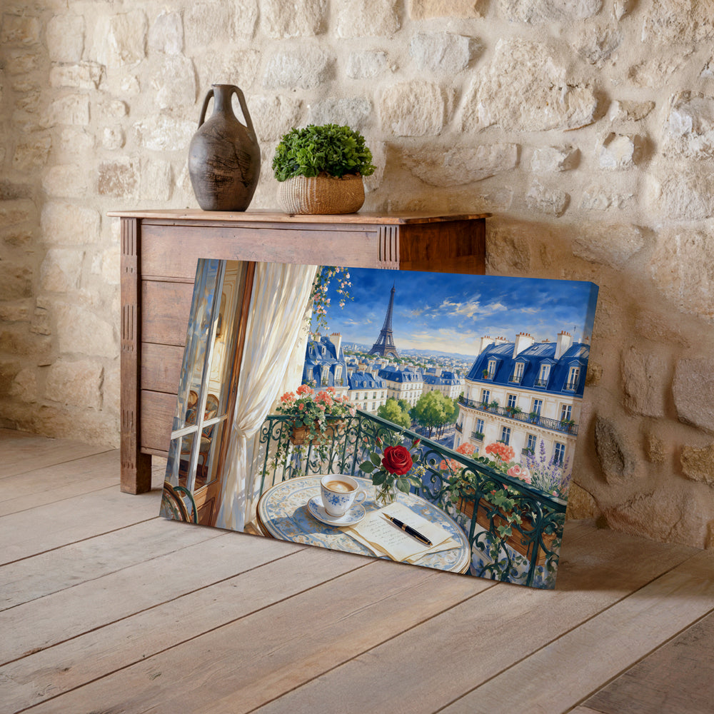 Parisian balcony canvas artwork showing a coffee cup, red rose, handwritten note, and Eiffel Tower view