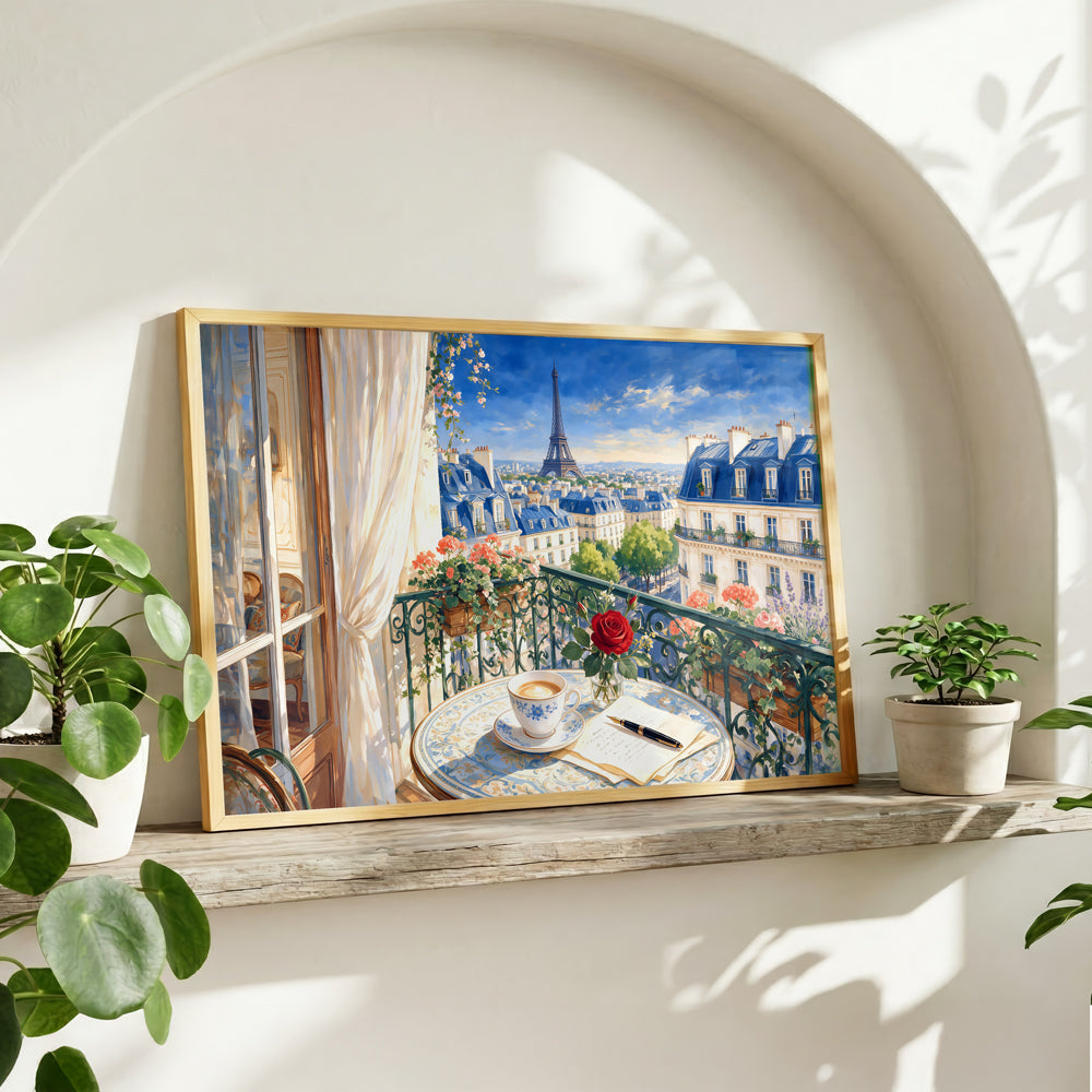 Eiffel Tower balcony artwork showing a Paris city view with elegant rooftops, blooming flowers, coffee, and a red rose