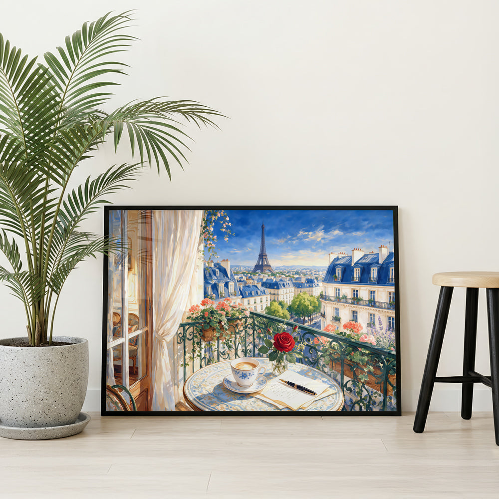 Paris travel wall art featuring the Eiffel Tower, Haussmann-style buildings, wrought-iron balcony, flowers, and morning light