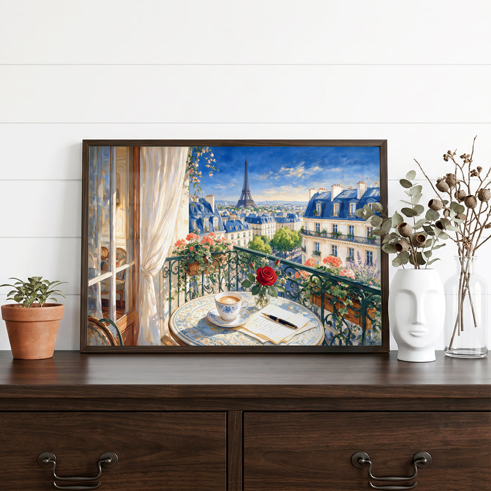 French cityscape canvas wall art featuring an Eiffel Tower view from a flower-filled balcony with classic Parisian architecture