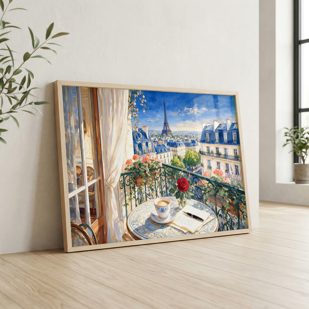 Paris from the balcony canvas wall art featuring the Eiffel Tower, classic Parisian rooftops, flowers, and a coffee table