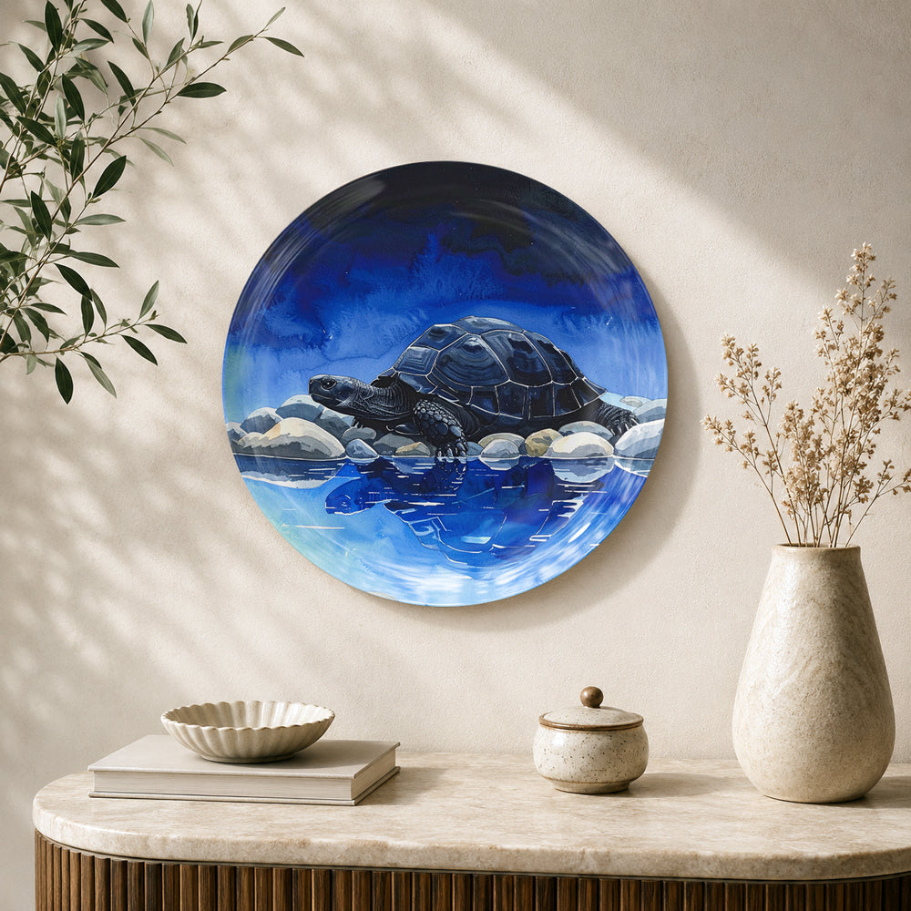 Vaastu tortoise ceramic wall plate with blue water artwork, presented in a premium gift box
