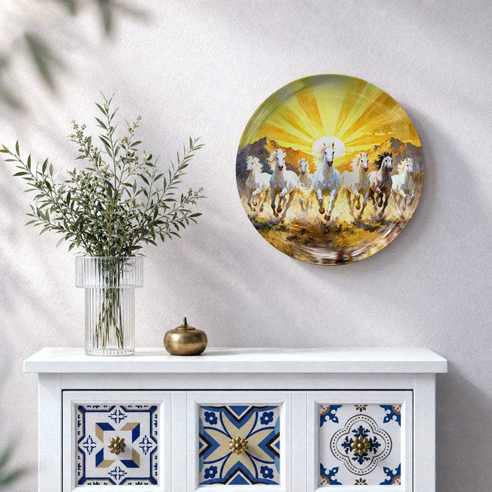 Golden seven horses ceramic wall plate symbolizing strength, progress and prosperity