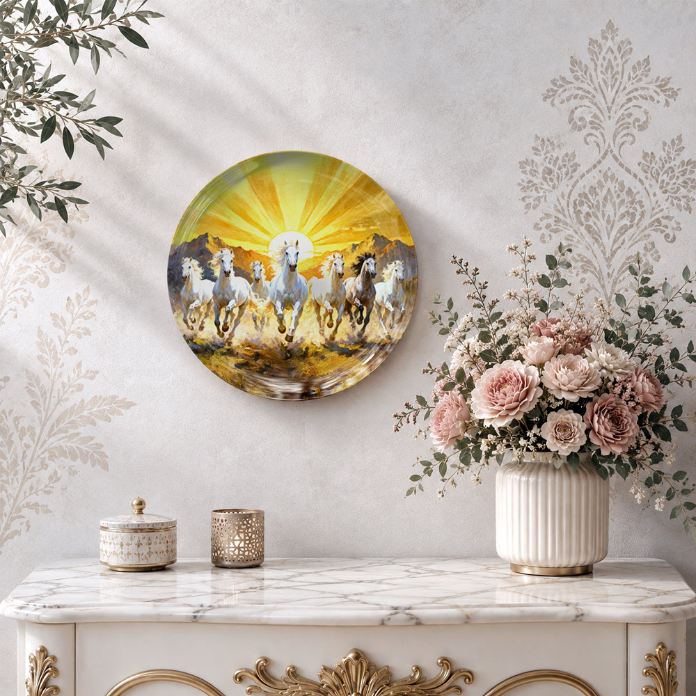 Decorative seven horses wall plate for Vaastu and Feng Shui home decor with premium gift box
