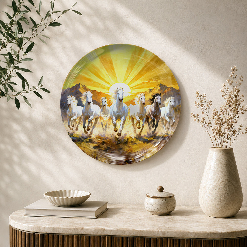 Seven horses prosperity ceramic wall plate with golden sunrise artwork and premium gift box