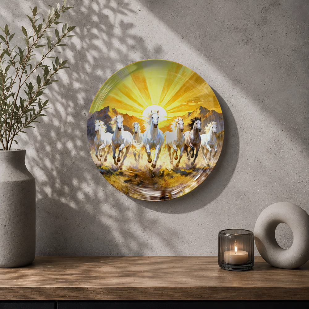 Premium ceramic wall plate featuring seven running horses against a radiant golden sky