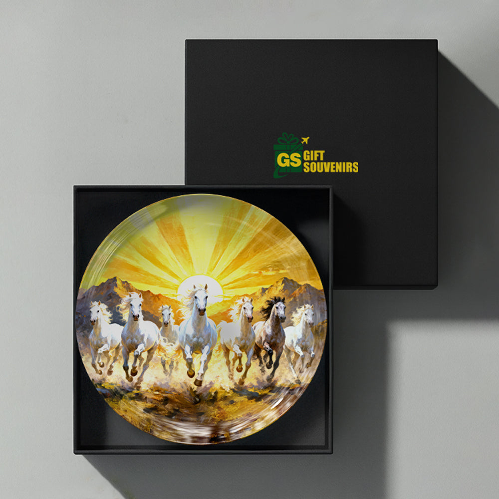 Feng Shui seven horses ceramic wall plate for prosperity and positive energy, with premium gift box