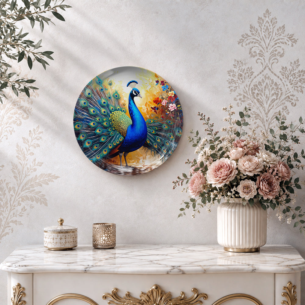 Majestic Aura ceramic wall plate featuring a majestic peacock and vibrant feathers