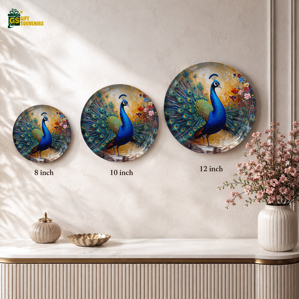 Majestic Aura blue peacock ceramic plate with colorful artistic feather details