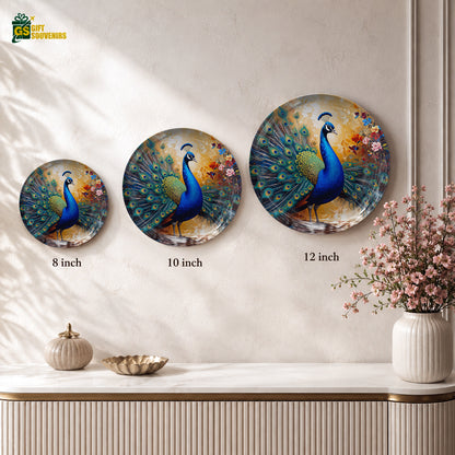 Majestic Aura blue peacock ceramic plate with colorful artistic feather details
