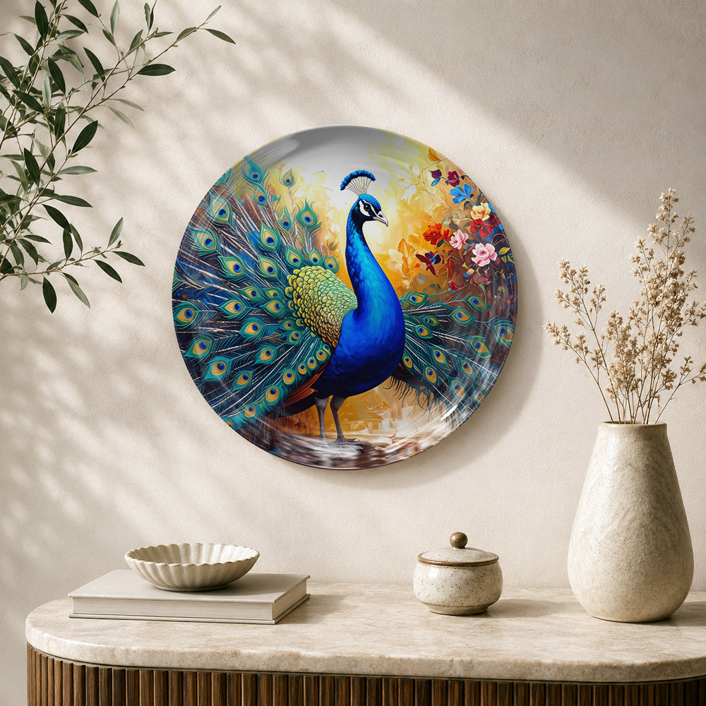 Majestic Aura peacock ceramic wall plate with vibrant blue feathers for Vaastu home decor