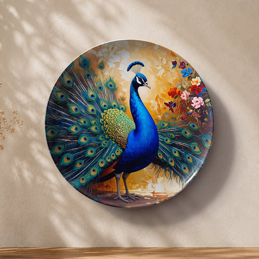 Majestic Aura blue peacock ceramic wall plate with colorful feather artwork