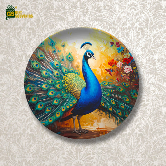 Vaastu peacock wall plate in blue and gold tones