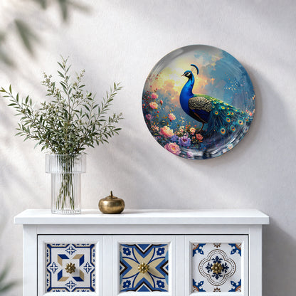 Celestial Grace blue peacock ceramic wall plate with colorful feathers and flowers