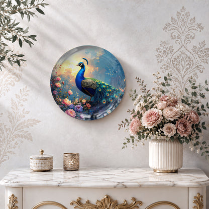 Celestial Grace Vaastu ceramic wall plate featuring an elegant peacock in a vibrant floral scene