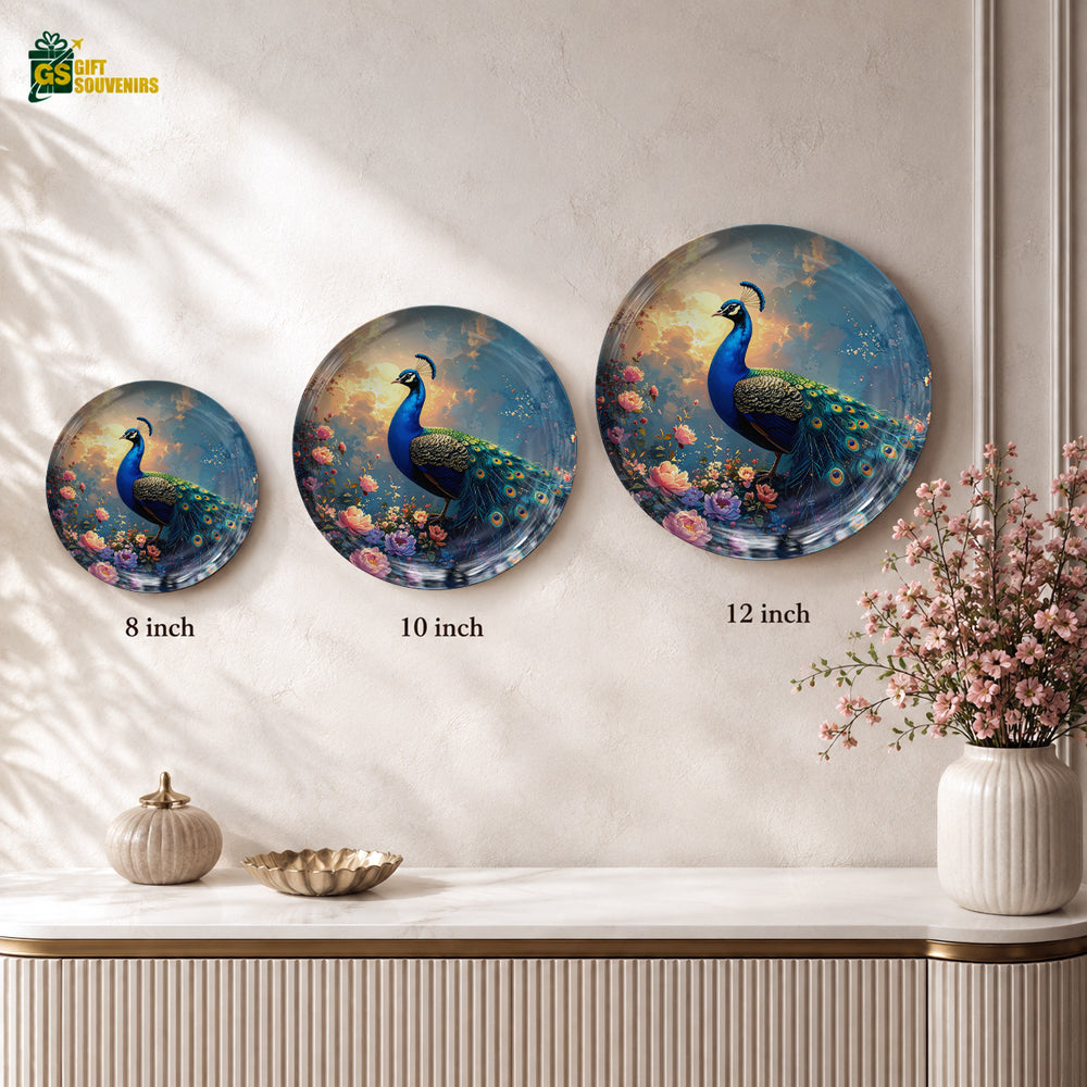 Celestial Grace decorative blue peacock wall plate with colorful floral details and premium gift box