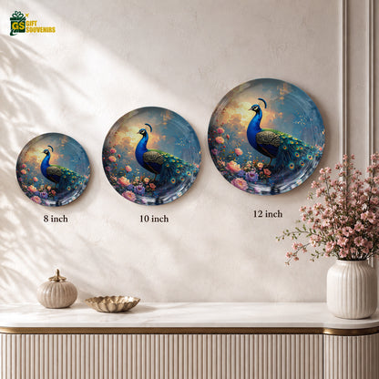 Celestial Grace decorative blue peacock wall plate with colorful floral details and premium gift box