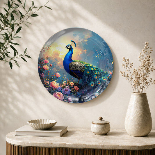 Celestial Grace Vaastu peacock ceramic wall plate with vibrant blue feathers and floral artwork
