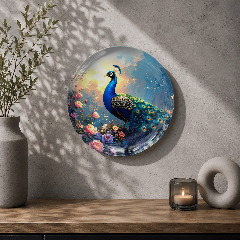 Celestial Grace peacock ceramic wall decor plate for living room and elegant home interiors