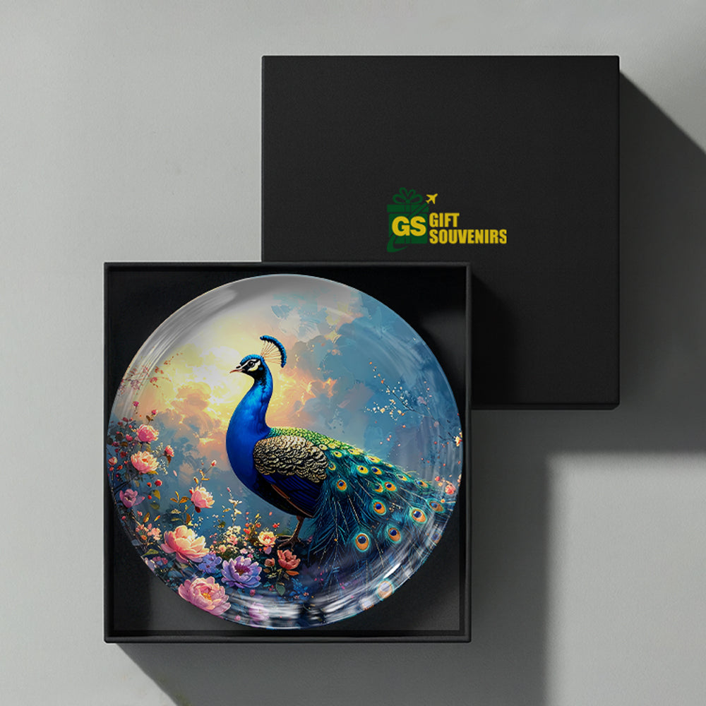 Celestial Grace Vaastu peacock ceramic wall plate presented in a premium gift box