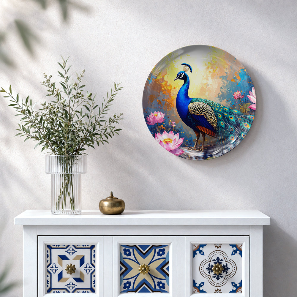 Divine Bloom blue peacock ceramic wall plate featuring colorful feathers and blooming lotus flowers