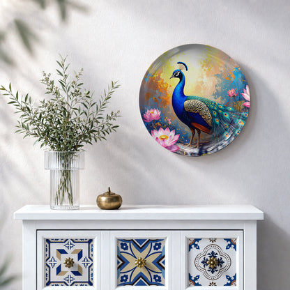 Divine Bloom blue peacock ceramic wall plate featuring colorful feathers and blooming lotus flowers