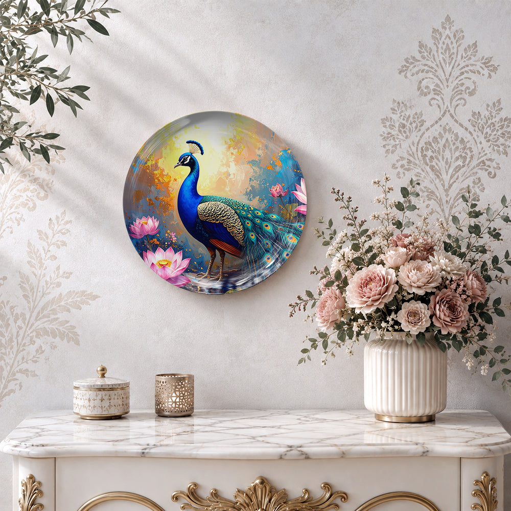 Divine Bloom Vaastu ceramic wall plate with elegant peacock artwork and vibrant floral details