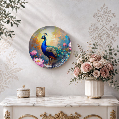 Divine Bloom Vaastu ceramic wall plate with elegant peacock artwork and vibrant floral details